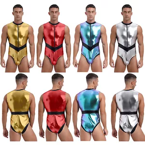 Men's Shiny Metallic Zipper Front Bodysuit Catsuits Astronaut Cosplay AU - Picture 1 of 55