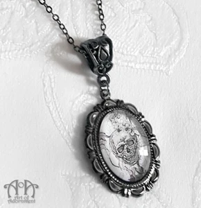 Gothic Gunmetal GLASS SKULL CAMEO Punk Necklace Black Victorian Floral Pendant - Picture 1 of 4