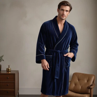 Men's Smoking Jacket Navy Blue Velvet Robe Relaxing Evening Gown Knee Length - Image 1 of 4