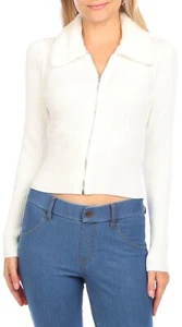 No Comment Off White Zip Front Ribbed Sweater Faux Fur Collar Cropped Size L NWT - Picture 1 of 4