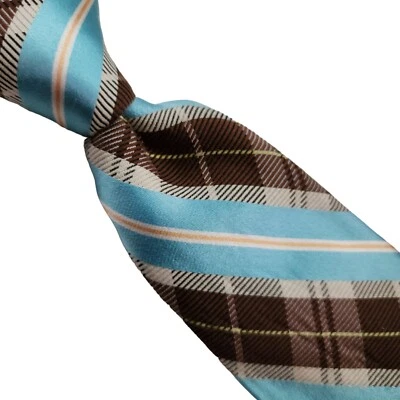 A6) CORBATA TED BAKER A RAYAS, CUADROS 100% SEDA Y MEZCLA DE ALGODÓN HECHA EN EE. UU.  Foto 1 de 4