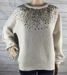 Dreamers Pullover XS Elfenbein Bunt Regenbogen Pailletten Beverly Goldberg Style Unikat - Bild 1 von 12