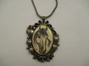 Vintage Signed RLB Large Sterling Pendant Necklace Chain Engraved Horse Western - Picture 1 of 7