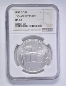 MS70 1991-D USO Commemorative Silver Dollar $1 NGC Brown Lbl *9008 - Picture 1 of 5