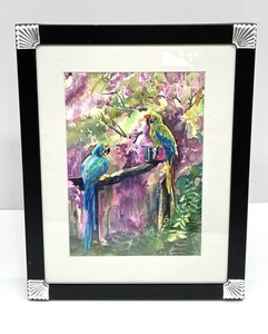 Künstler signiert zwei Papageien Aquarell Kunst Passepartout gerahmt Barbara Thelen Medium - Bild 1 von 9