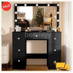 3 Color 11 LED Dressing Table with 7 Drawers Black Makeup Desk Vanity Table Set - Picture 1 of 10