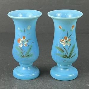 Blau Opalglas Bristol handbemalt Blumen Knospe Vasen 2er Set - Bild 1 von 13