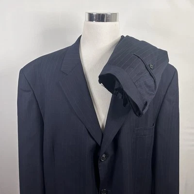Paulo Solari 54L Athletic Fit Suit 46x32 Wool Navy Pinstriped Three Button - Image 1 of 4