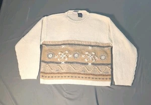 Vintage Liz Sport Ivory Floral Hand Knit Sweater Embroidered Coastal Grandma - Picture 1 of 8