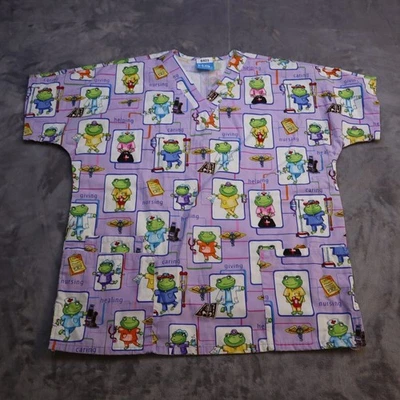Scrub HQ Nurse Top Printed Shirt Short Sleeve Purple Caring Uniform Women XL - Image 1 of 4
