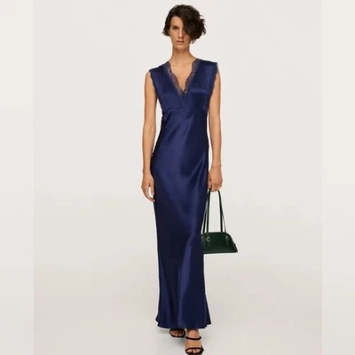 Maxi Vestido MANGO Azul Marino Satinado Inserto de Encaje Cuello en V Sin Mangas EE. UU. Talla 10 Foto 1 de 4