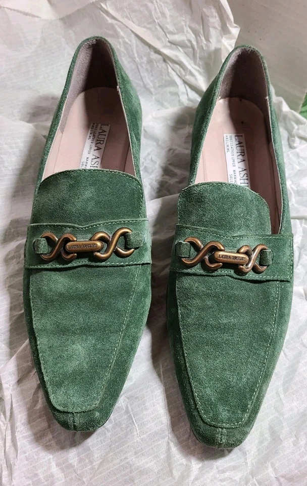 Laura Ashley Pine Green Suede Loafers Women's Sz 7.5/38   Quiet Luxury Italy  - Image 1 of 4