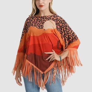 Montana West American Bling Desert Sunset Western Cowgirl Fringe Poncho Orange - Picture 1 of 5