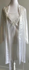 Vtg Wedding Engagement Nightgown Robe Set Satin Lace Bridal Embroidered 1980s L - Picture 1 of 24