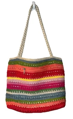 Bolsa de ombro Merona crochê listras arco-íris bolso boho praia - Imagem 1 de 4