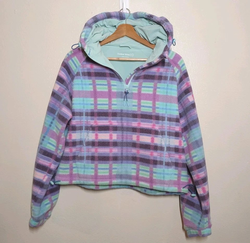 Outdoor Voices Women's Fleece Hoodie Size Small Purple Pink Green Plaid - Image 1 of 4