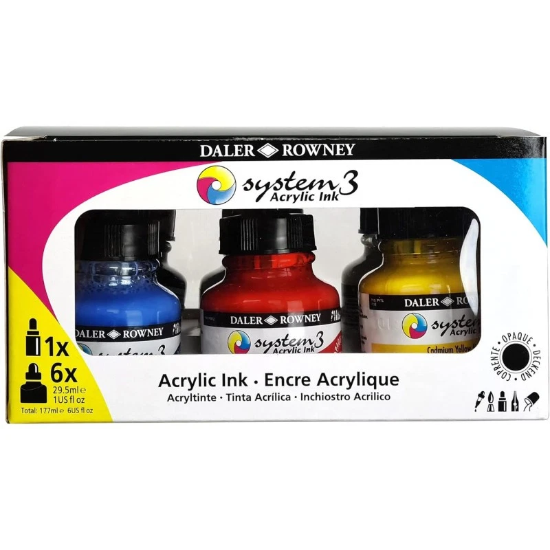 Encres acrylique - 6 flacons 29,5ml + 1 marqueur - Couleurs classiques -  Daler  - Photo 1/2