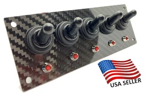 Carbon Fiber 5 Toggle Switch Panel - BLACK Switches w/ 5 RED Indicator Lights - Picture 1 of 3