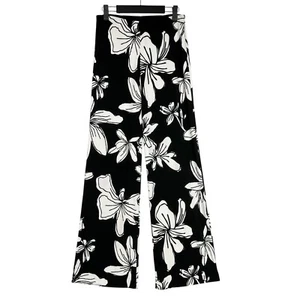 BOSTON PROPER Pants Womens XS High Rise Black Cream Hibiscus Print Palazzo - Picture 1 of 6