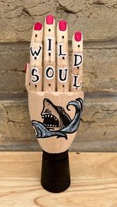 Freestanding Wooden Posable Mannequin Hand Drawn Tattoo WILD SOUL Shark - Picture 1 of 6