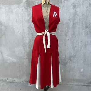 Vintage 1940s Red & White Felt Wool Dress Set Sportswear Pom Poms Top & Skirt - Picture 1 of 16