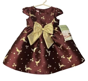 Bonnie Jean Baby Reindeer Christmas Dress Girls Size 24 M Burgundy Gold Bow New - Picture 1 of 12