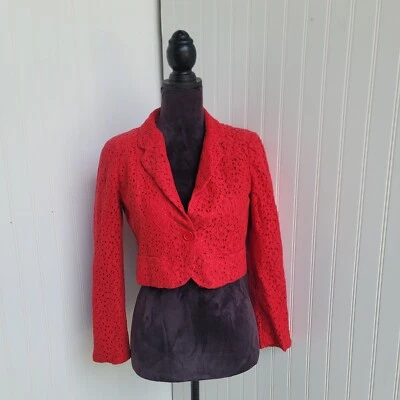 Blazer FOREVER 21 Rojo Coral Frente Abierto Recortado Encaje Forrado Manga Larga Talla M Foto 1 de 4