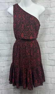 Michael Kors Shift Dress One Shoulder Fits Size 8 Red Black Animal Print Chiffon - Picture 1 of 10