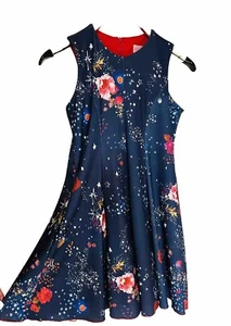 ZOE LTD Girl’s Navy Printed Swing Dress with Red Lining & Zipper - Size 14 - Picture 1 of 12