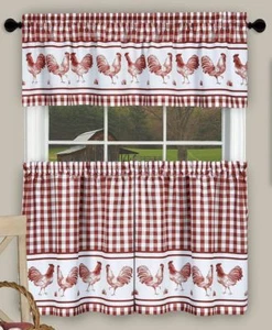 3-teiliges bedrucktes Gardinen-Set, (58x14) & (58x36) HÄHNE BARNYARD, BURGUNDERROT, Achim - Bild 1 von 12