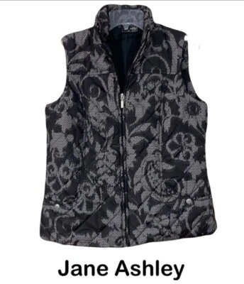 Women's Quilted Puffer Vest Black Paisley Medium Zip  Lightweight by Jane Ashley - Image 1 of 4