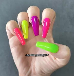 24x Fluorescent Neon Yellow Press On Gel False Nails Coffin Stiletto Square Oval - Picture 1 of 4