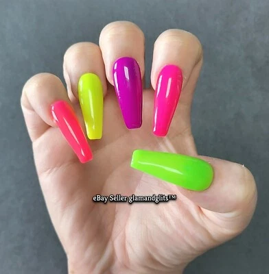 GLAM & GLITS 24x Fluorescent Neon Yellow Press On Gel False Nails Coffin Stiletto Square Oval