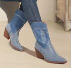 Cowboy Boots For Women - Blue Denim & Rhinestone - Calf Length - 5 (36)