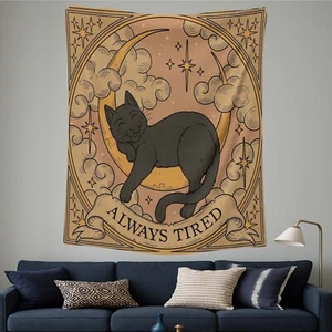 Cat Wall Tapestry, Always Tired Decor, Moon Cat Tapestry, Witchy Wall Art - Bild 1 von 10
