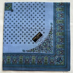 Vintage Men Handkerchief Geometric Foliage Floral Blue Cotton Pocket Square 17" - Picture 1 of 3