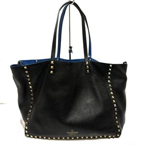 Auth VALENTINOGARAVANI Rockstud - Black Blue Leather Tote Bag