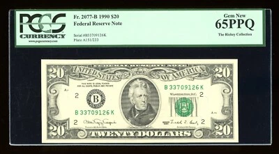 DBR 1990 $20 FRN New York Gem Fr. 2077-B PCGS 65 PPQ Serial B33709126K - Image 1 of 2