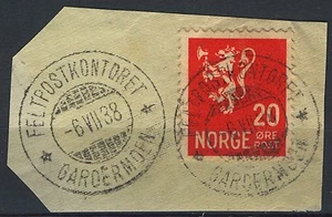 Norway 1937, NK 205 Son Feltpostkontoret Gardermoen 6-VII-1938 on cutpiece - Imagen 1 de 1