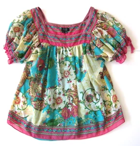 Nicole Miller Pink Green Floral Paisley Short Sleeve Tunic Peasant Blouse 10 - Picture 1 of 7