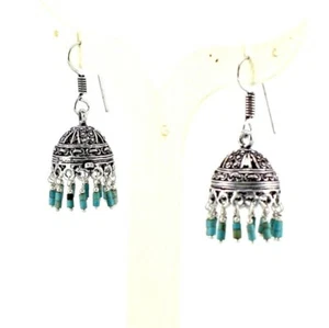 Earrings Natural Tibetan Turquoise Gemstone Handmade Beaded Oxidized Jewelry - Picture 1 of 2