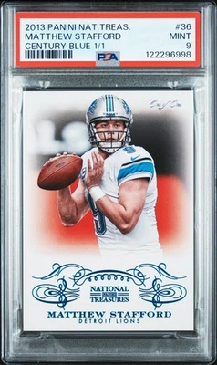 2013 NATIONAL TREASURES CENTURY BLUE 1/1 #36 MATTHEW STAFFORD 1/1 PSA 9 - Image 1 of 2
