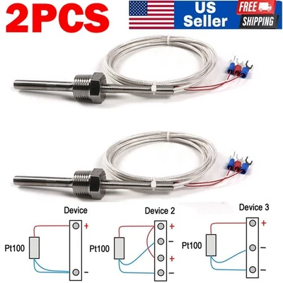 2PCS RTD Pt100 Temperature Sensor Stainless Steel Probe 3 Wires Cable US - Image 1 of 4