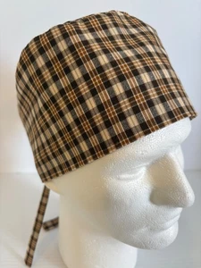 Brown Plaid Lined Medical Skull Scrub Cap Surgery, Veterinarian Hat - Picture 1 of 4