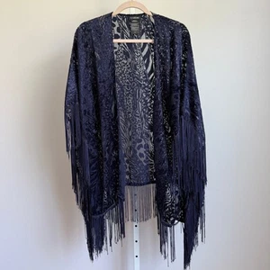 BeBe sz One Size Navy Burnout Velvet Kimono Fringe Open Top - Picture 1 of 7