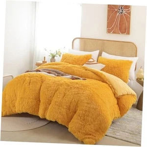 Fluffy Comforter Set, Faux Fur Comforter Set Size, Luxury Queen Mustard Yellow - Picture 1 of 7
