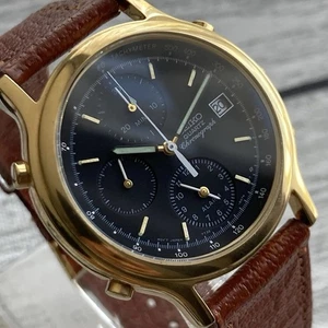 Orologio Seiko 7T32 Vintage anni 90 Quadrante Nero Cronografo Placcato Oro Cassa 37mm - Foto 1 di 9