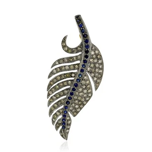 Diamond Blue Sapphire Feather Pendant For Women 925 Sterling Silver Gold Gift - Picture 1 of 6