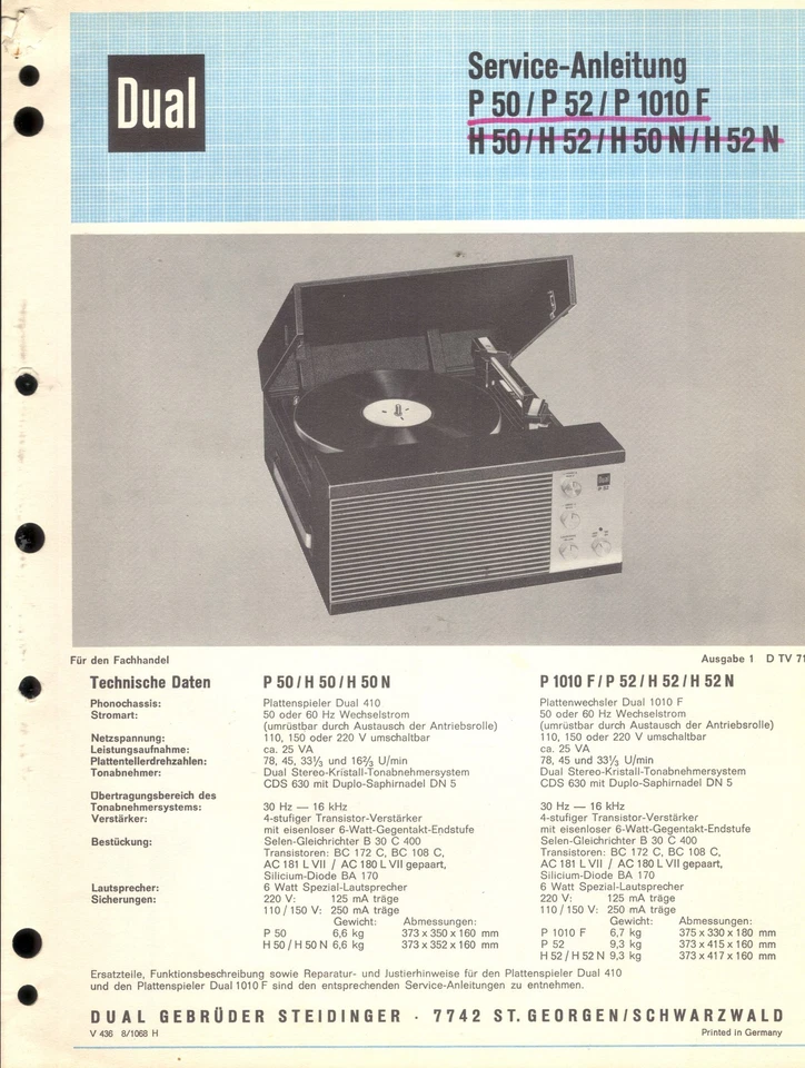Dual Service Manual für P 50/52/1010 F/ H 50 ...   Copy - Bild 1 von 1