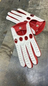 Driving Handmade Gloves for Men's made from White & Red Genuine Leather - Picture 1 of 4